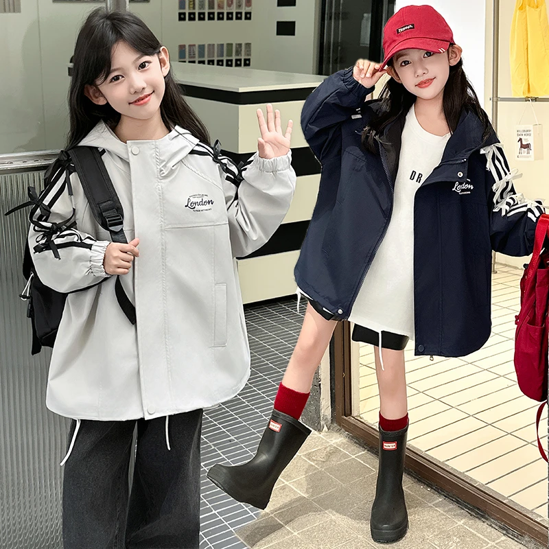 女童新款蝴蝶结连帽外套秋季2024中大童时尚运动宽松休闲潮流洋气