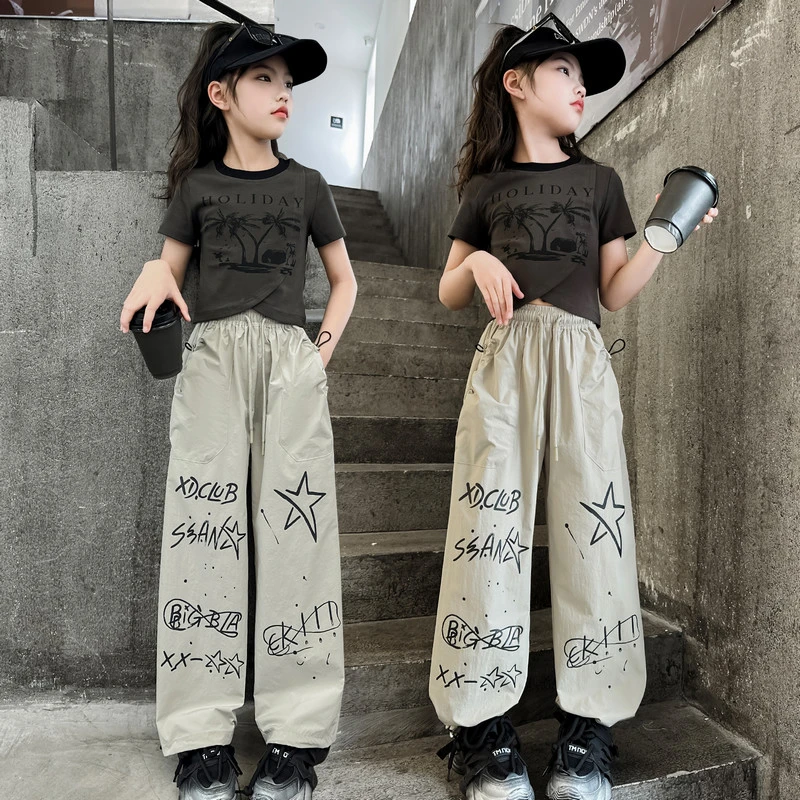 女童夏季新款2024短袖T恤休闲中大童时尚洋气薄款网红韩版宽松潮