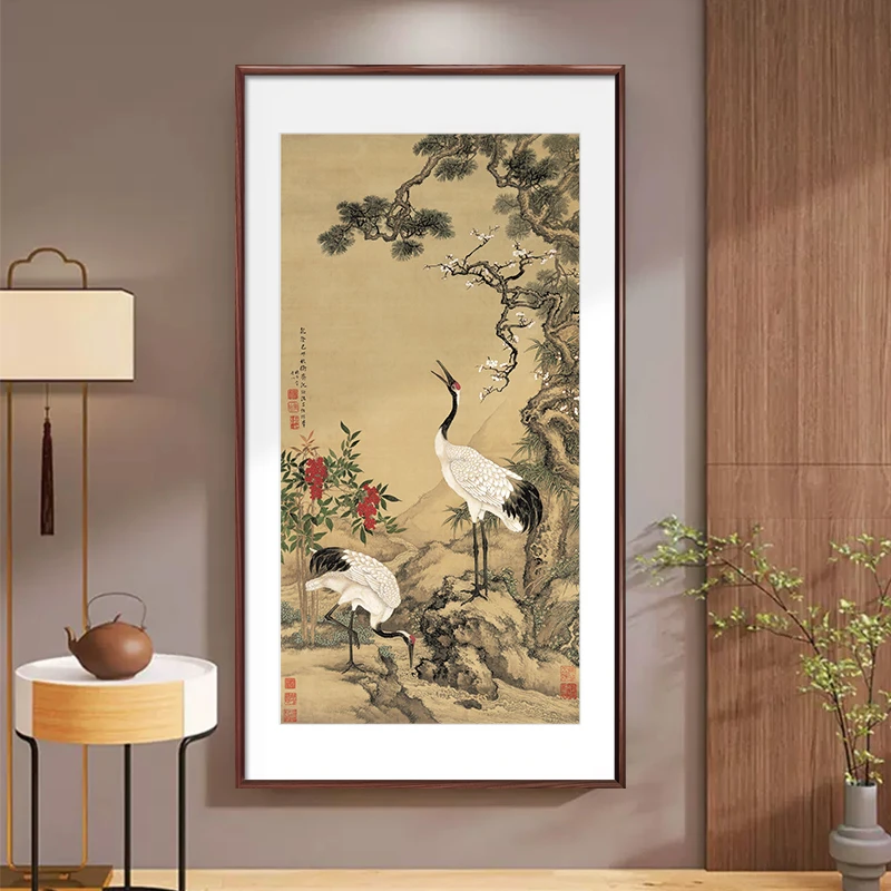 沈铨-松梅双鹤图 中式玄关挂画大气入户走廊过道壁画高端竖版名画