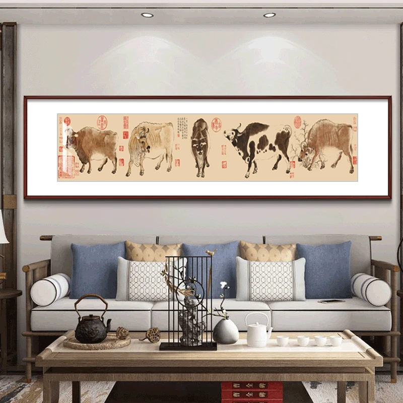 五牛图 中式国画山水名画办公室客厅沙发背景装饰画书房大气挂画