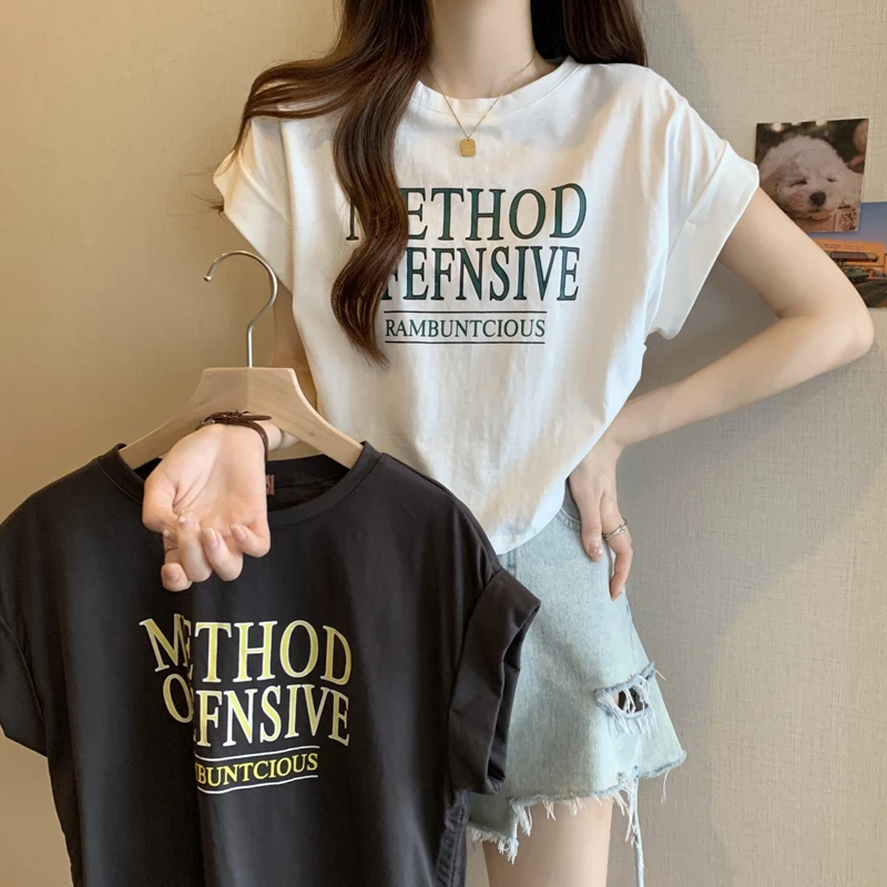 2025夏季新款大码休闲短袖T恤女胖mm宽松蝙蝠袖短款辣妹抽绳上衣