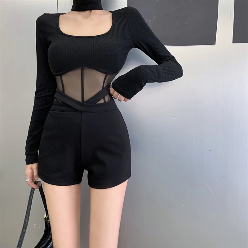 时尚蕾丝超辣上衣性感修身显瘦长袖t恤女主播鱼骨网纱外穿打底衫