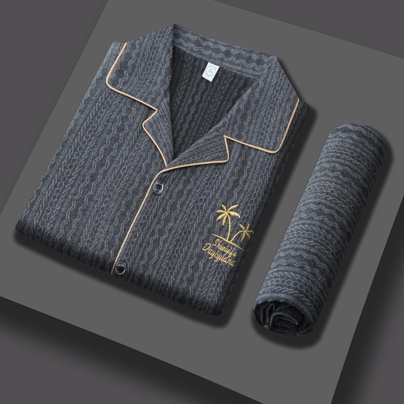 男士家居服套装新款透气可外穿长袖全棉春秋季开衫小翻领夏季睡衣