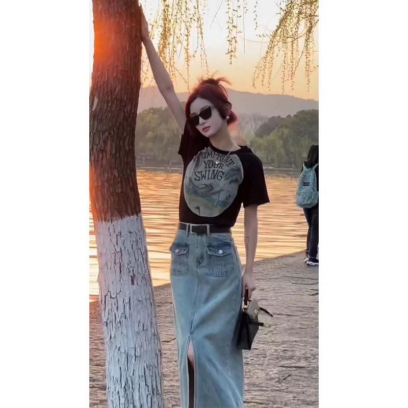 夏季新款时尚港风复古字母宽松短袖T恤高腰牛仔半身裙韩版套装夏