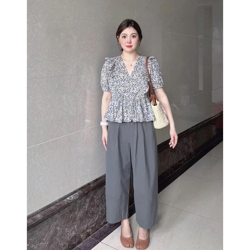 小个子穿搭一整套夏季梨型微胖mm荷叶边碎花衬衫阔腿裤两件套装女