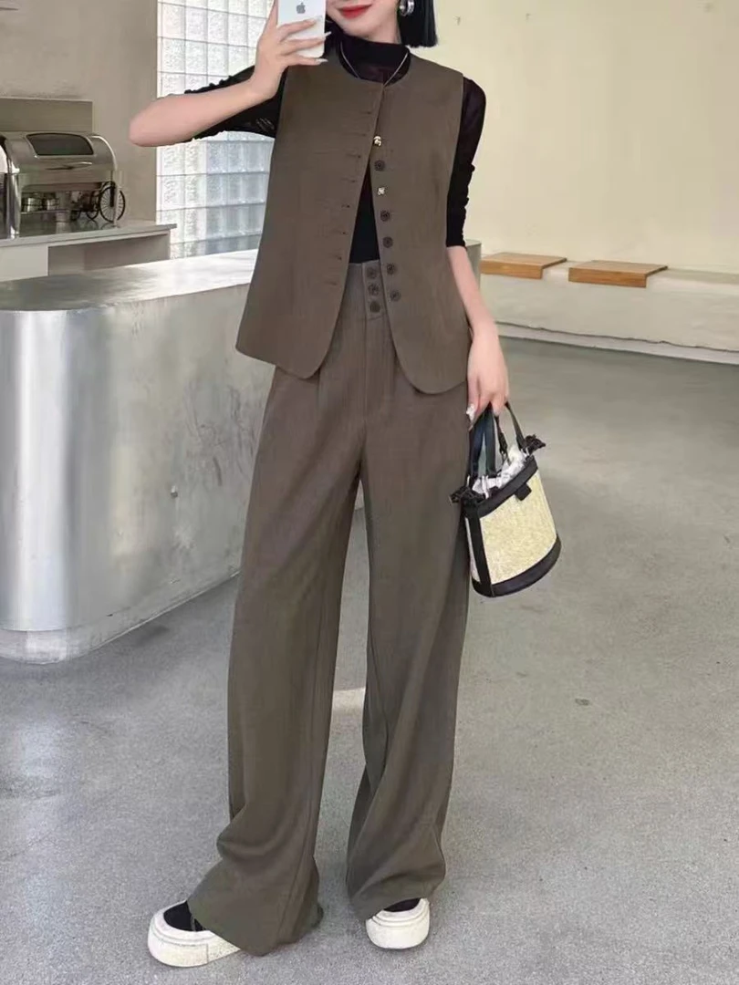 【W71】老钱风V领马甲阔腿裤三件套女
