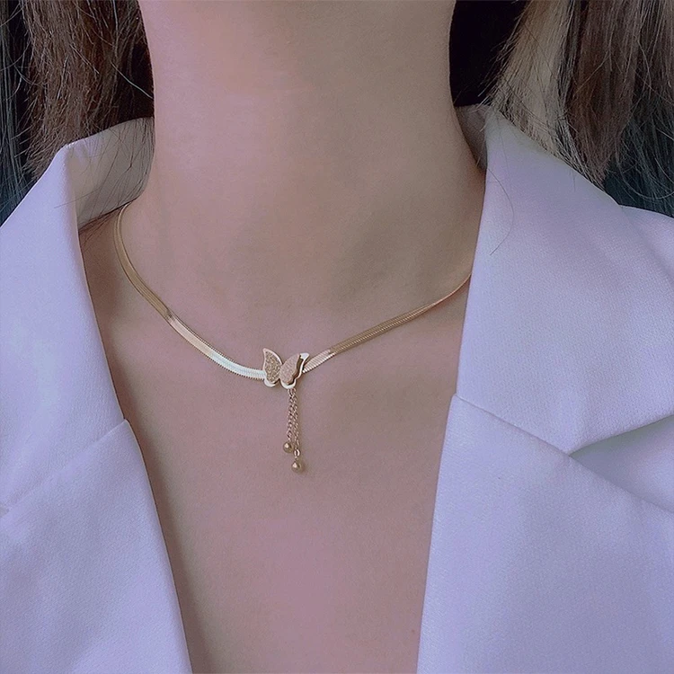 钛钢项链 A-077胖妹妹大码饰品百搭气质轻奢加长时尚刀片蝴蝶项链