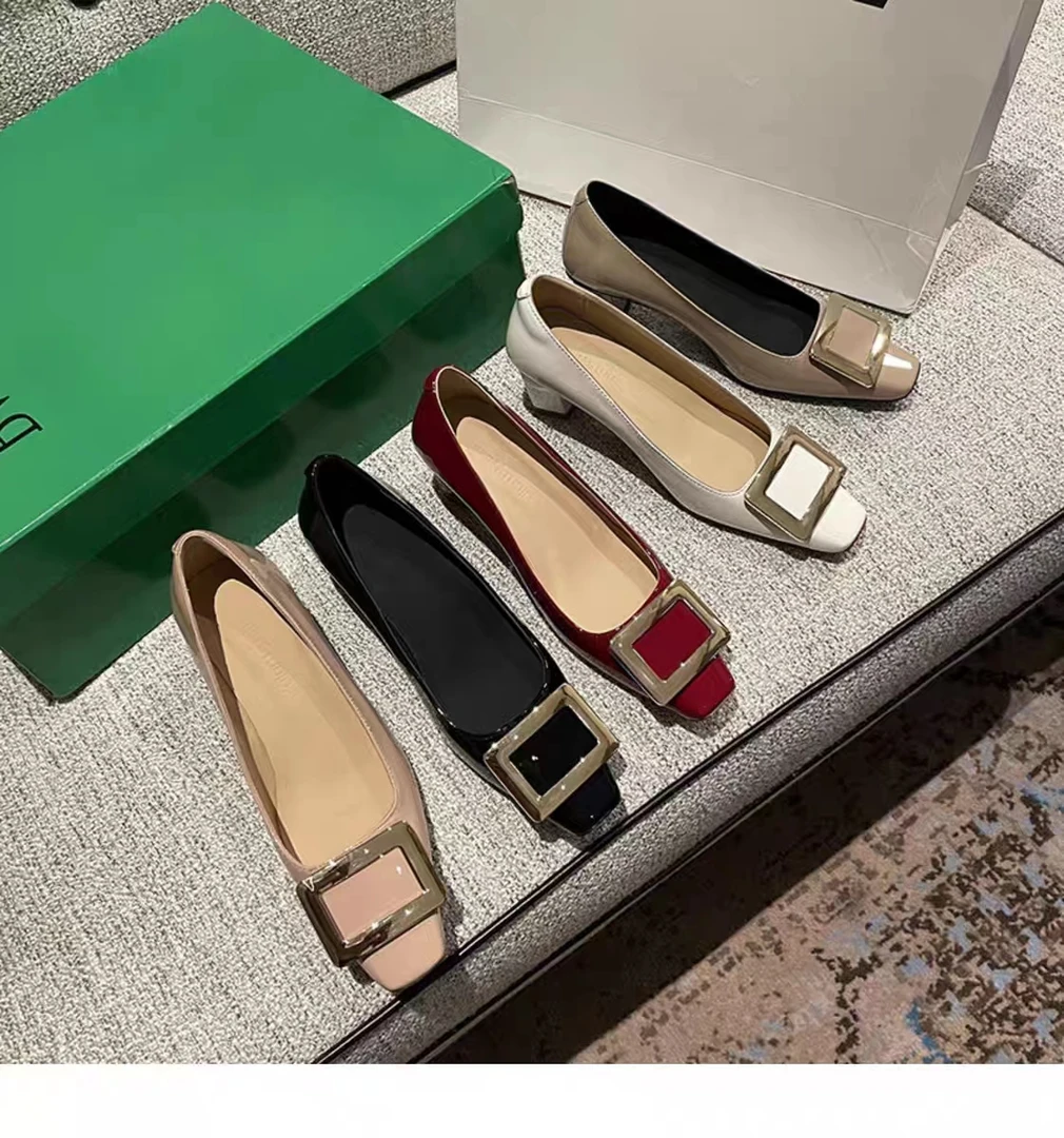 【店铺王牌】rv顶皮料高品质方扣单鞋粗跟4.5cm通勤气质百搭胎牛