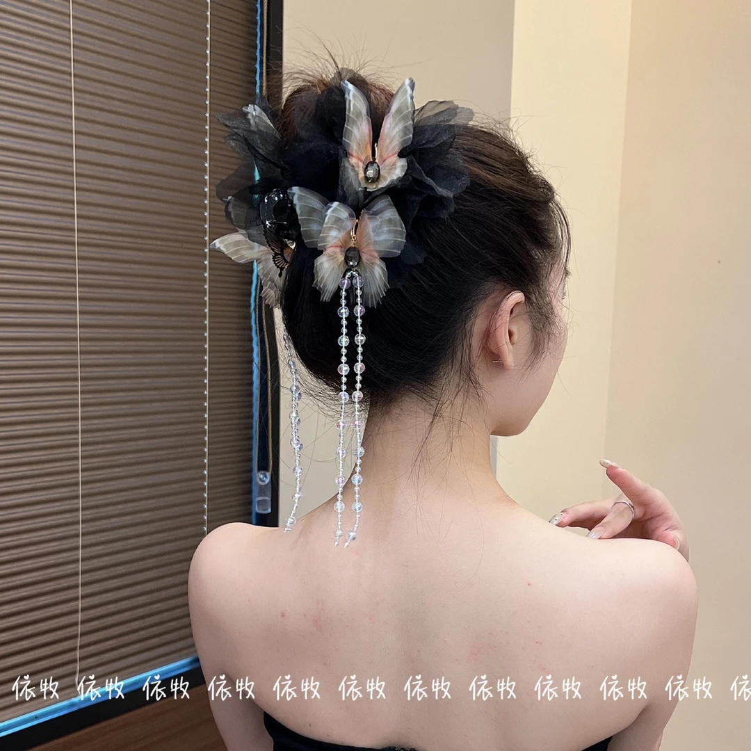 依牧高级感清新森系月光纱灵动蝴蝶流苏抓夹气质超仙鲨鱼夹5181