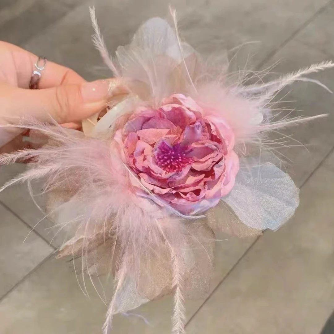 依牧【原版手作】韩版ins风超仙羽毛抓夹后脑勺手工鲨鱼盘发夹C42