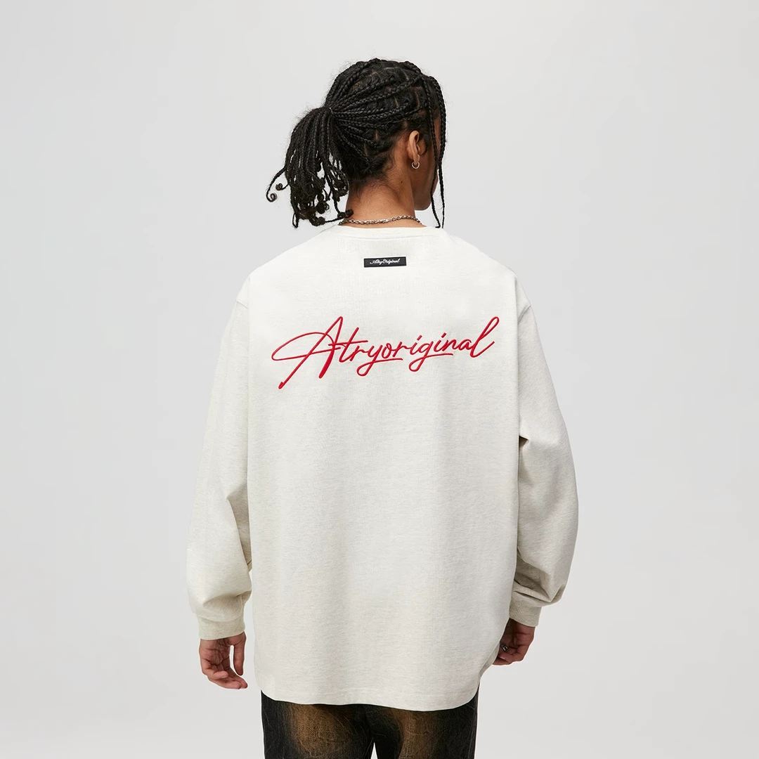 ATRY花体刺绣LOGO长袖T恤国潮牌美式复古宽松百搭套头圆领上衣