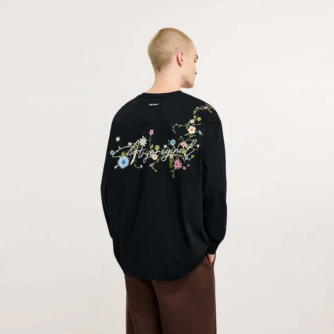ATRY美式刺绣重磅花卉长袖t恤男黑色24秋冬高级感内搭打底上衣女