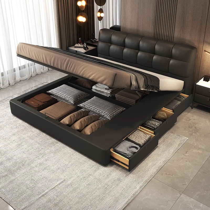 泡芙真皮床现代简约高箱储物床意式极简带抽屉1.8米黑色软包大床
