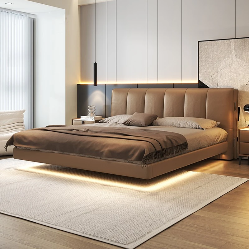 钢琴键悬浮真皮床意式极简高级感现代简约主卧双人软包网红大婚床