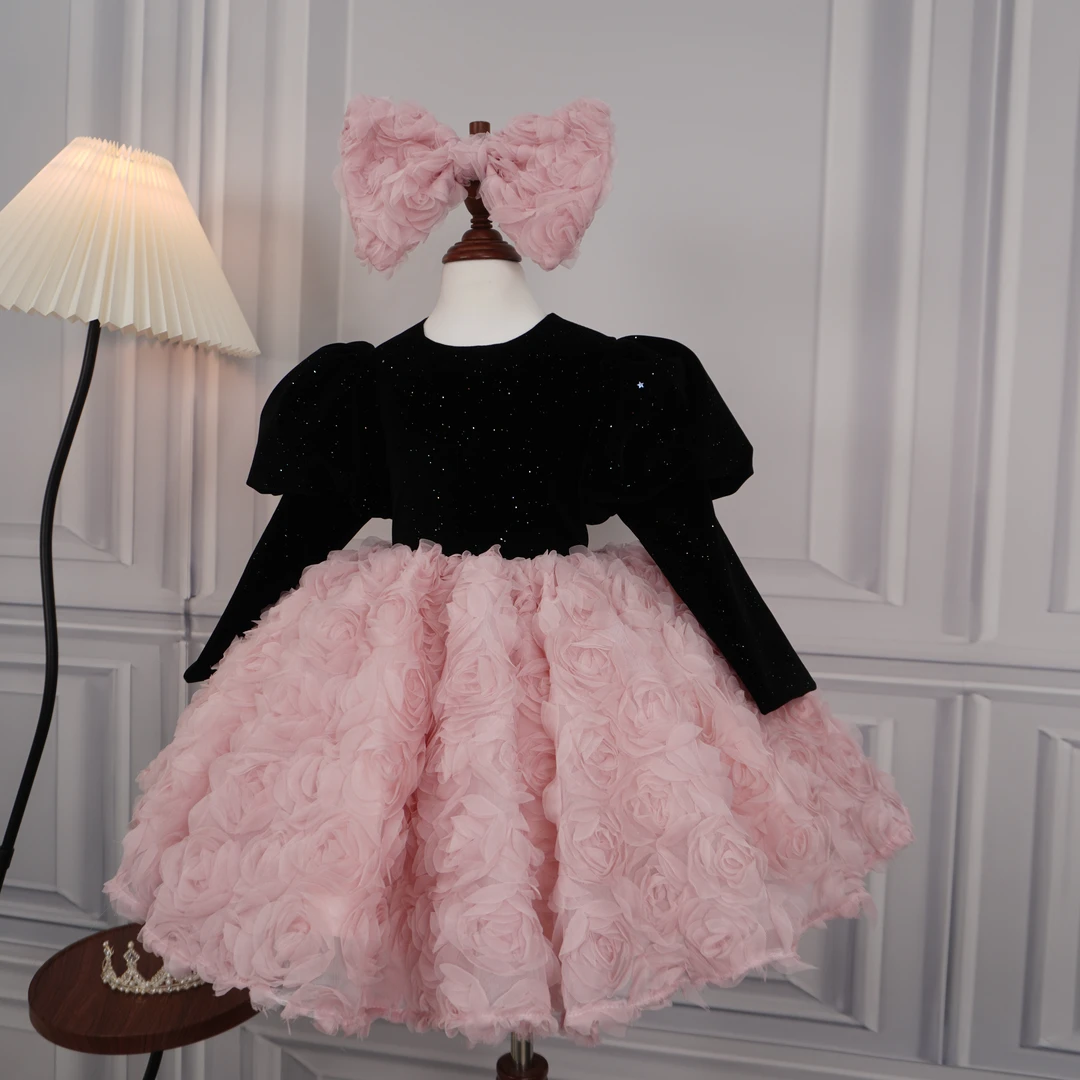 女童生日晚礼服公主裙粉色儿童主持人花童婚礼走秀钢琴演出服花朵