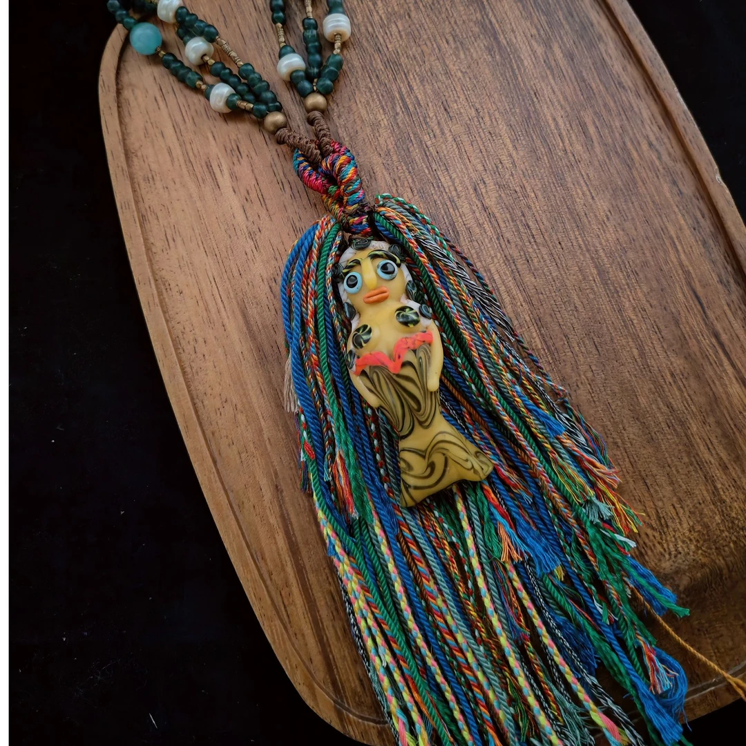 非金属玻璃项链 重工款老琉璃美人鱼项链长款纯手工彩色编织渐变