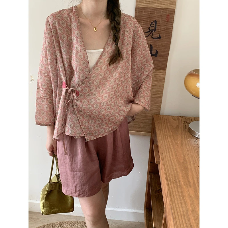 北出一方粉开衫禅意国风苎麻系带中式女装上衣温婉大方衣服