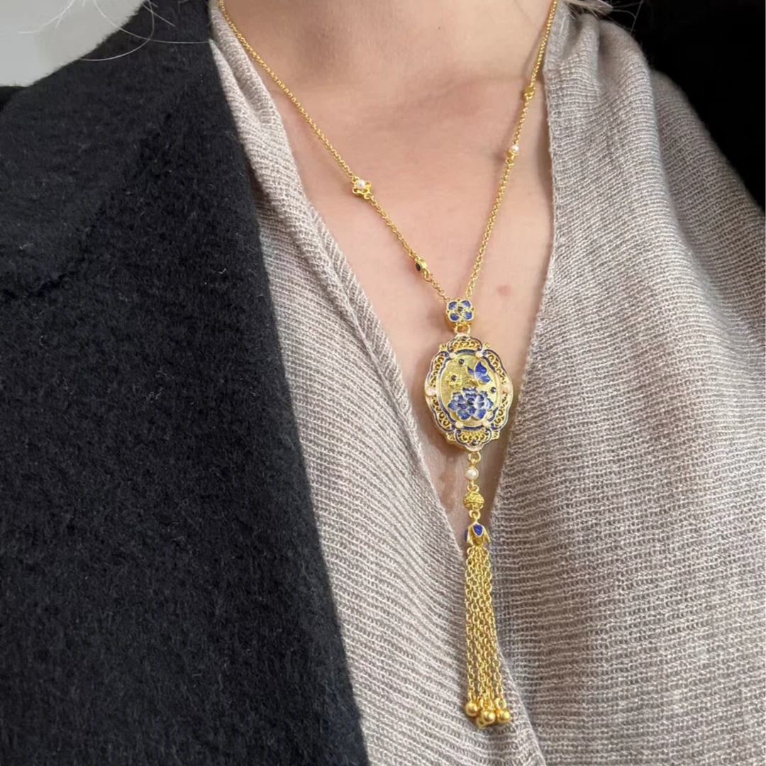 低温珐琅青花瓷蝶恋花流苏套链