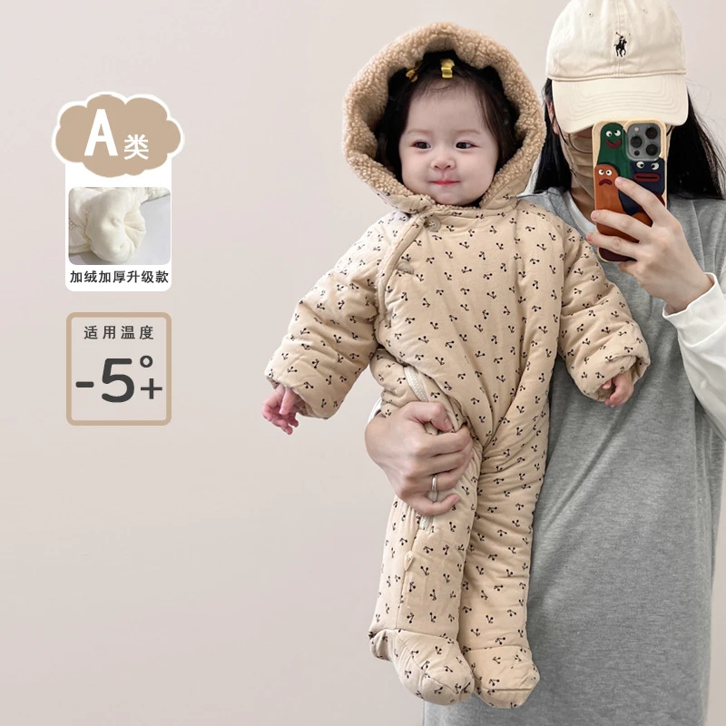 婴儿冬装连体衣加厚保暖棉服女宝宝冬季羊羔绒爬服加厚外出男抱衣