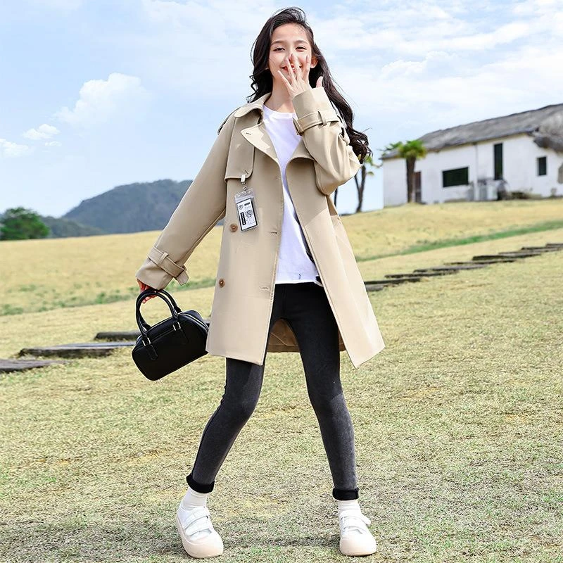 女童双排扣风衣中长款洋气中大童春秋新款英伦风时髦女孩翻领外套