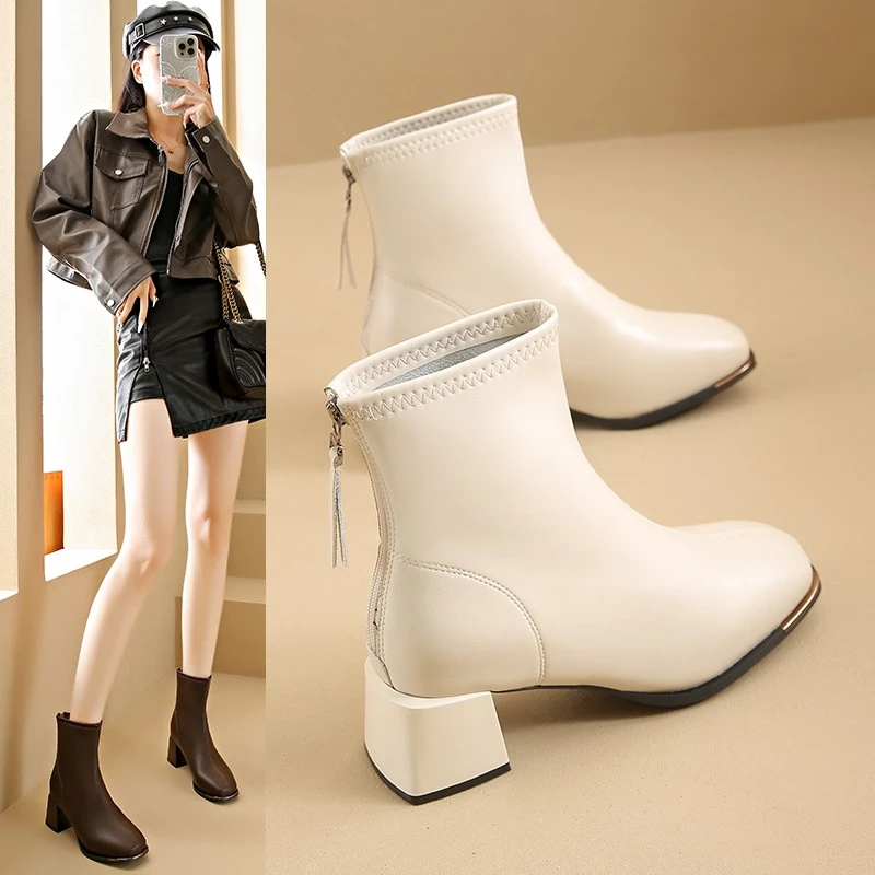 新款短靴2024秋冬软皮方头百搭瘦瘦靴粗跟时尚气质中跟韩版女靴