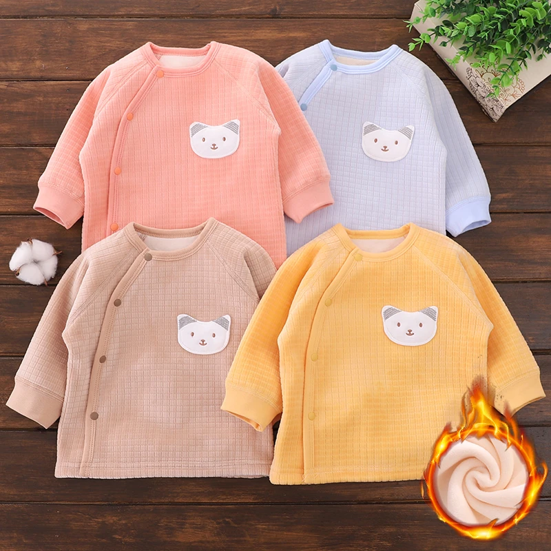 新生儿婴儿衣服秋冬季加绒保暖内衣开衫外套分体单件上衣秋衣加厚