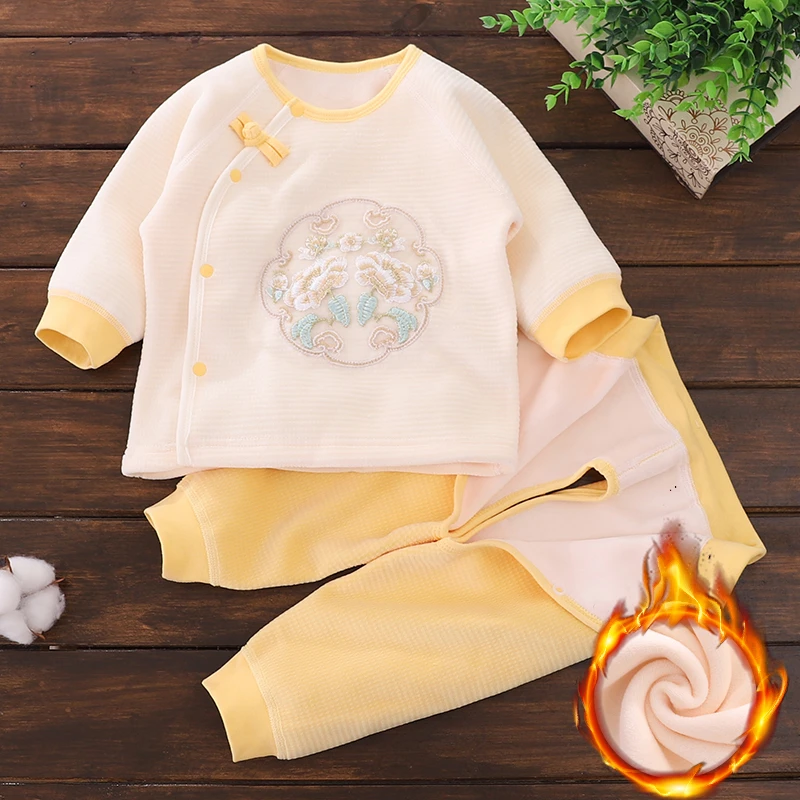 婴儿冬季保暖内衣套装加绒加厚春秋冬季男女宝宝开裆裤分体两件套