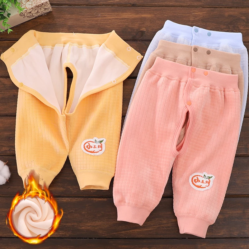 婴儿裤子秋冬季加绒加厚打底秋裤可外穿1岁半男女宝宝按扣腰裤子