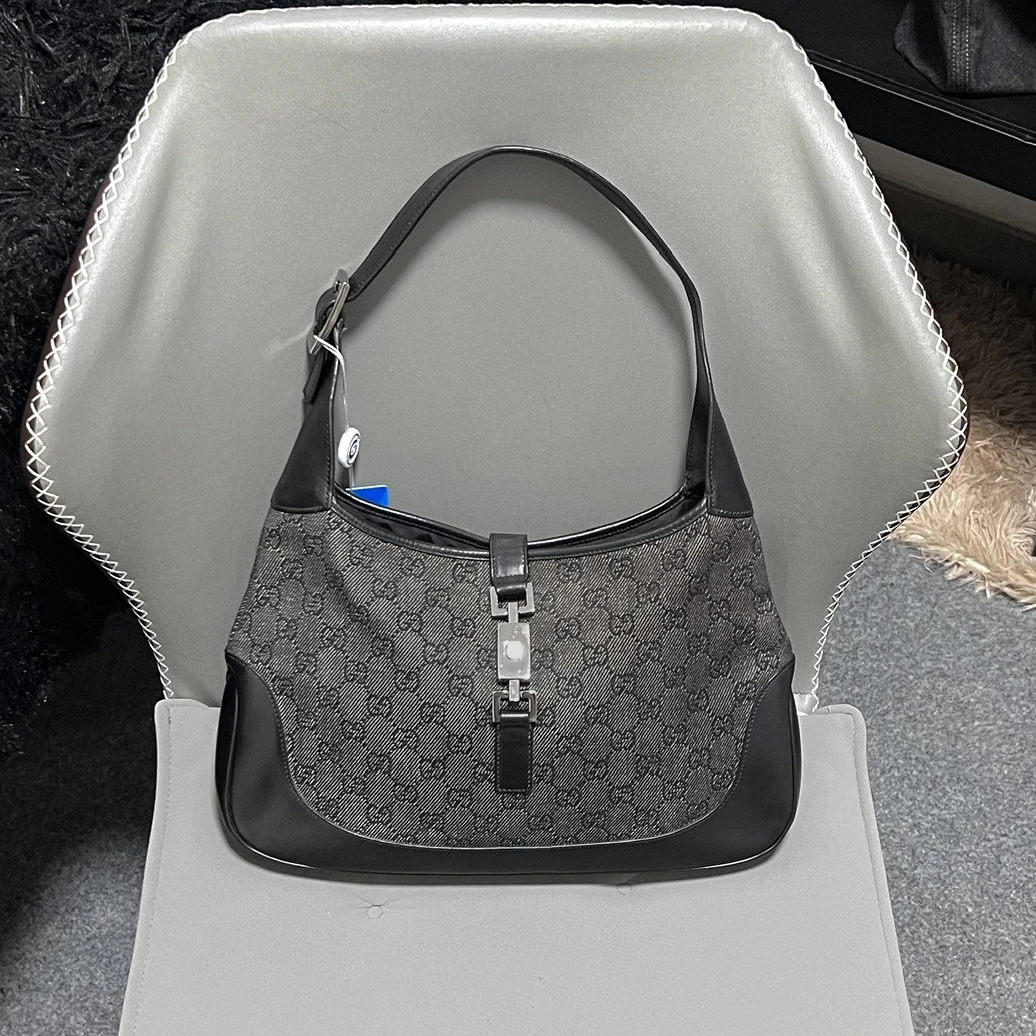95新 GUCCI/古驰 jackie中古款黑灰色老花腋下单肩包hobo