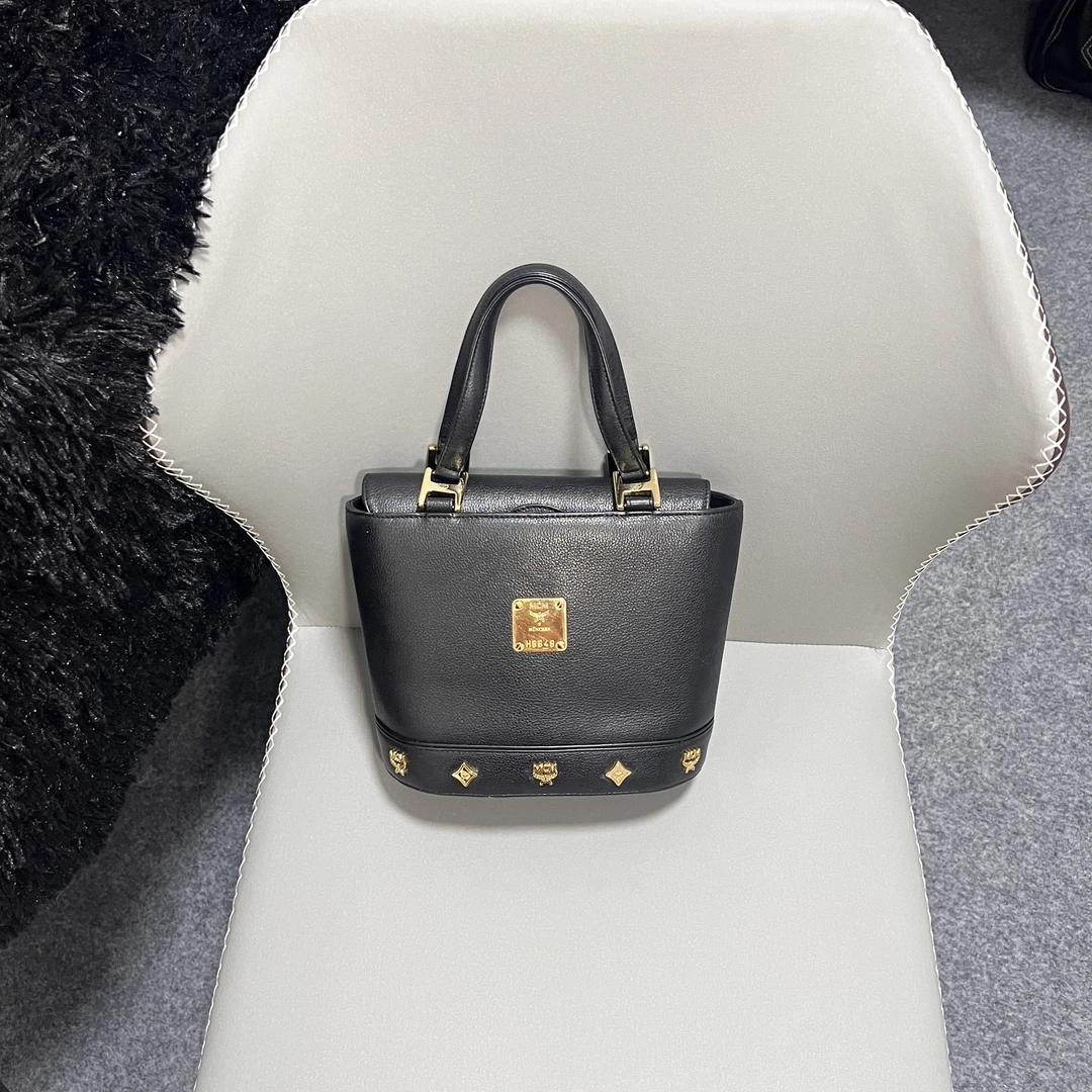 90新 MCM mcm黑金小号手提圆筒包水桶包