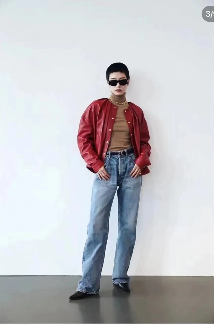 99新赛琳Celine22年秋冬款红色复古皮衣36码