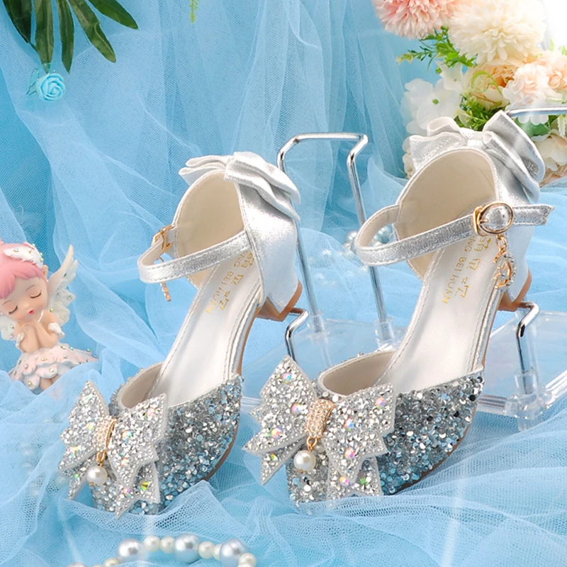 萌贝欢韩系小皮鞋儿童时尚粗跟银色中大童走秀高跟小女孩跟鞋细跟