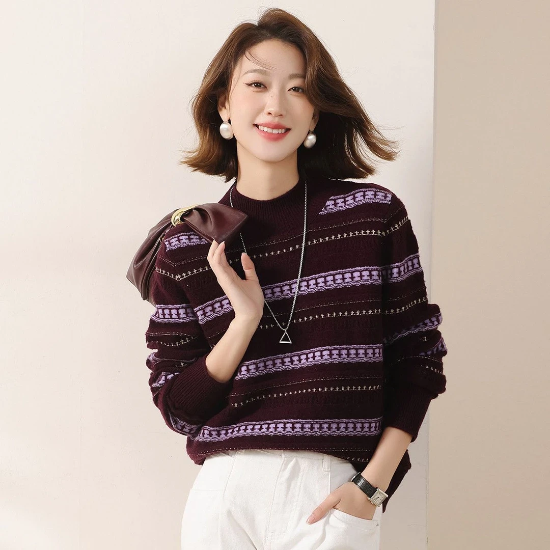 【赛兔】100%羊毛-230245079-长袖针织时尚百搭女士宽松圆领秋冬