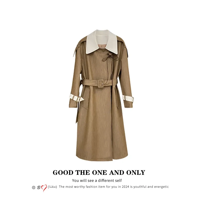 高级英伦风撞色设计中长款收腰风衣外套600615