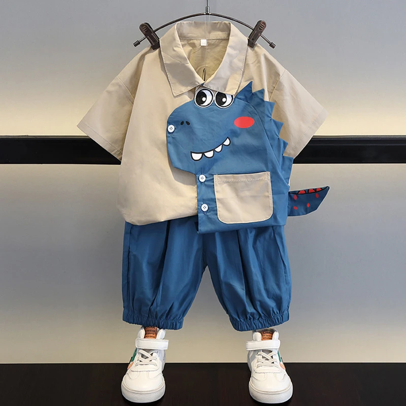 男童夏装衬衫套装2024新款洋气宝宝短袖衣服男孩儿童夏季痞帅童装
