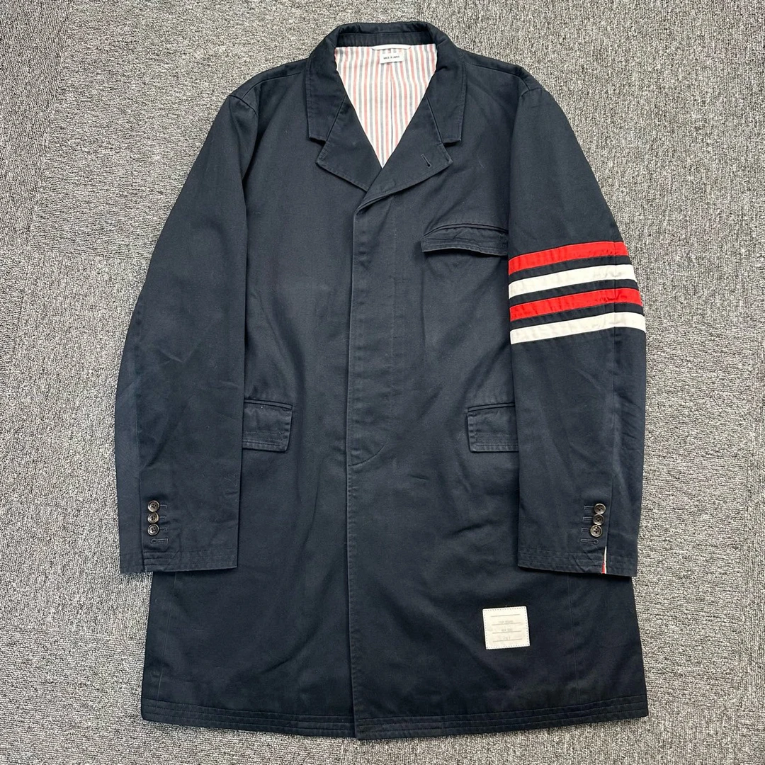 Thom Browne/汤姆布朗/4码/四条纹袖标深蓝色风衣/男款/95新06859