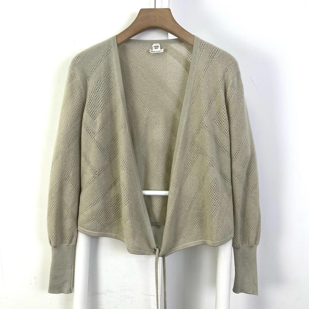 Hermes/爱马仕/34码/灰色交叉系带镂空针织衫/99新/女款编码10907