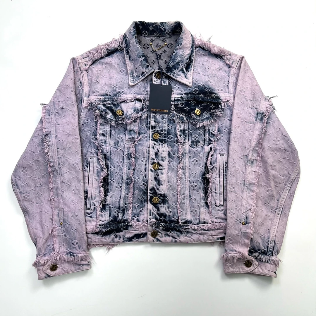 Louis Vuitton/48码/紫色渲染老花满印流苏破坏牛仔外套98新05136