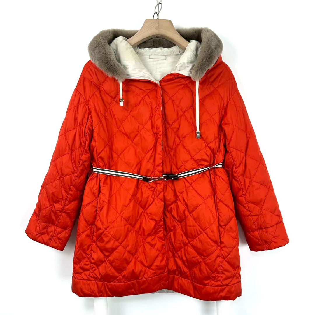 S MaxMara/38码/橘红色菱格双面穿羽绒服/95新/如图/女款05187