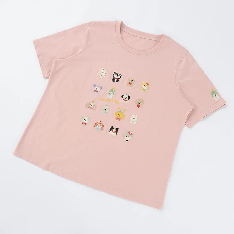 065-177酒窝桃子汪汪队集结大码重工刺绣T恤圆领显瘦遮肉夏季透气