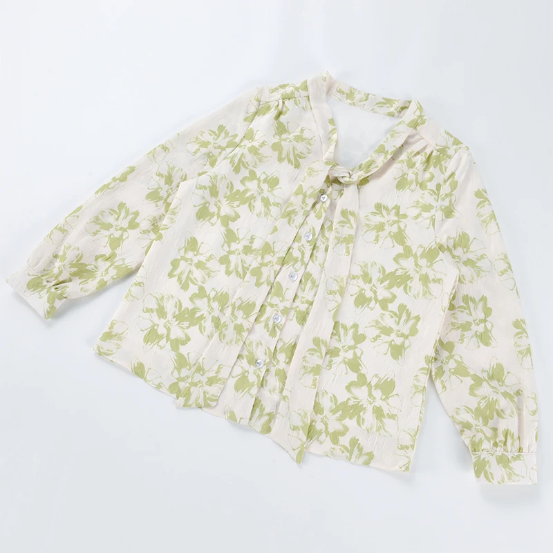 143酒窝桃子大码印花衬衫V领长袖胸口飘带正肩宽松袖笼遮肉显瘦秋