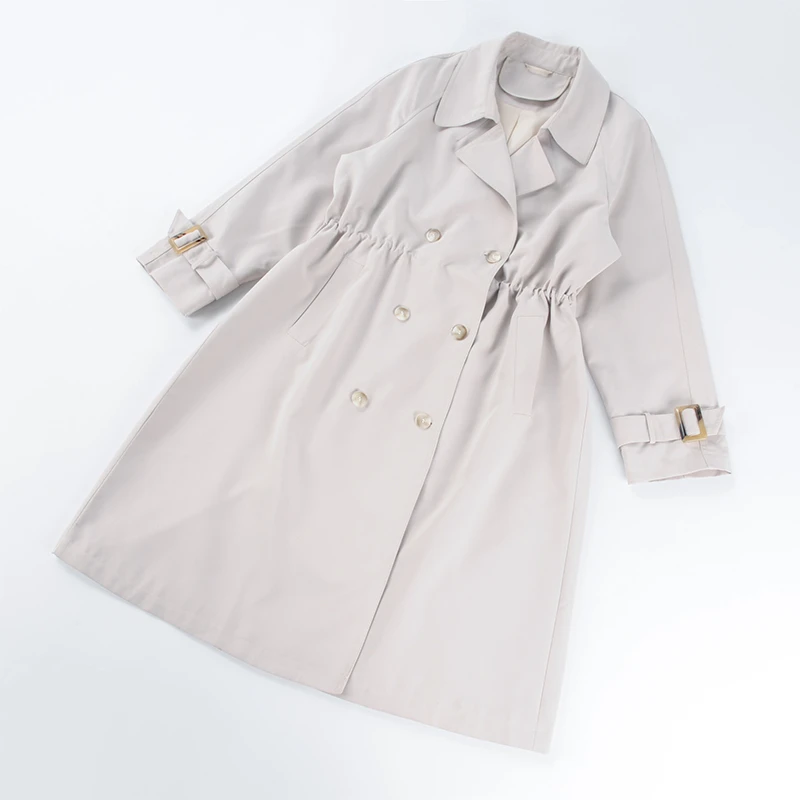酒窝桃子大码长款风衣腰间收搡双排扣翻驳领显瘦显腰身抗风秋新款
