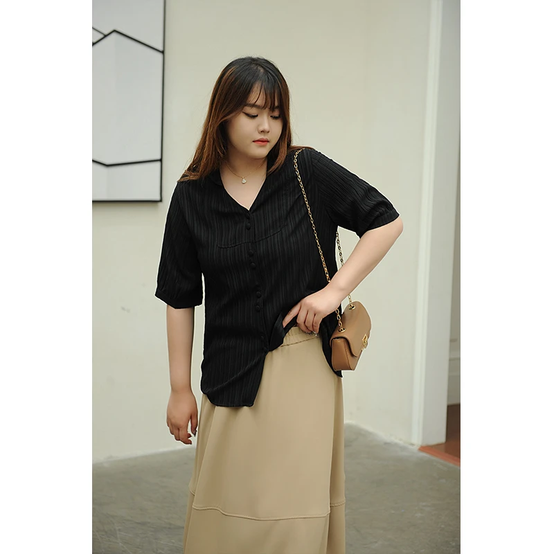 180酒窝桃子大码树皮纹压皱衬衫休闲时尚小众百搭宽松设计感夏季