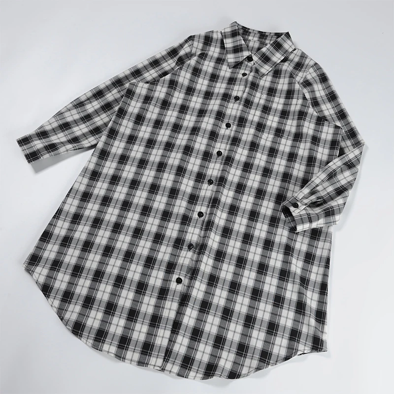 076酒窝桃子大码格子衬衫中长款春季外套减龄休闲百搭显瘦中性宽