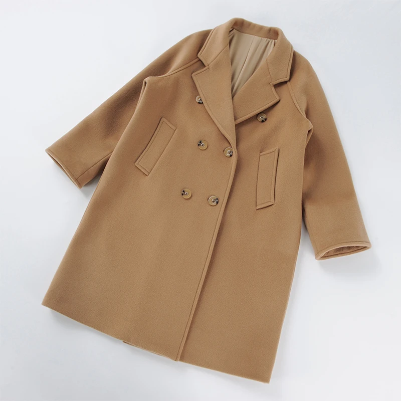 酒窝桃子大码羊毛双面呢大衣中长款双排扣西装领收肩显瘦冬款抗风