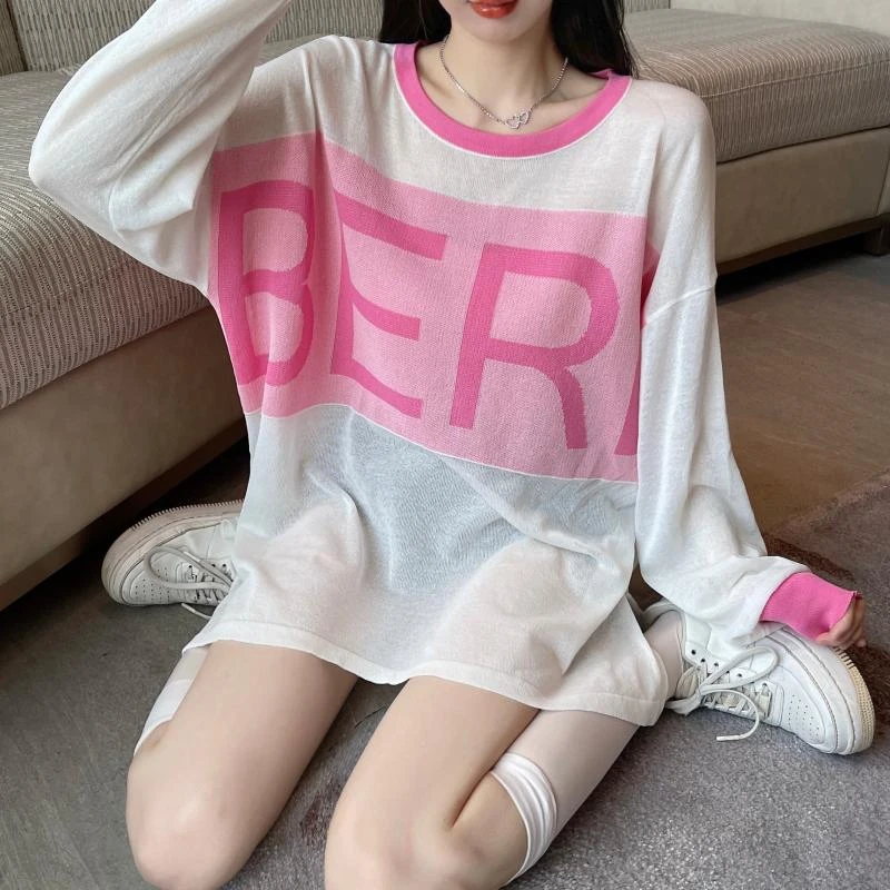 夏季薄款针织罩衫女冰丝宽松显瘦防晒衫设计感显瘦长袖条纹上衣
