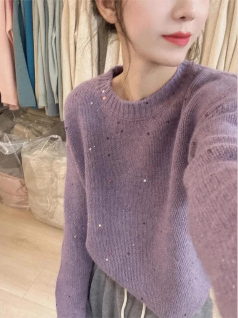 温柔风软糯紫色亮片毛衣女秋冬奶fufu慵懒套头内搭针织上衣