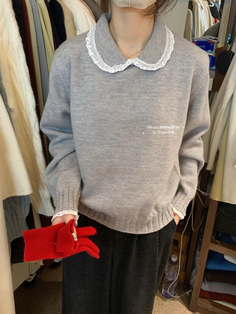 娃娃领蕾丝花边毛衣冬季宽松针织衫上衣女百搭打底韩版翻领套头