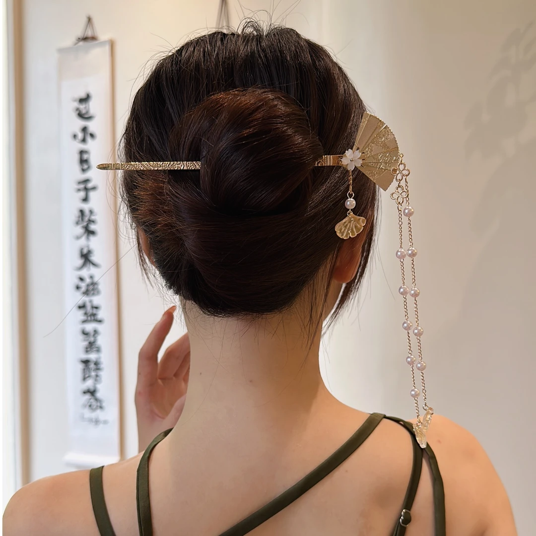 铜合金发饰 古风扇子流苏发簪气质头饰簪子发夹书本云朵复古发簪