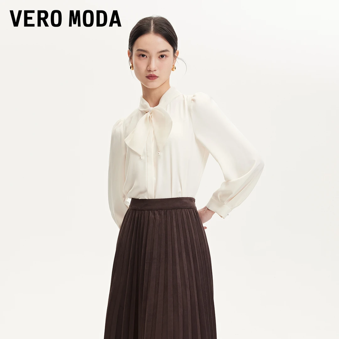 Vero Moda衬衫女秋冬新款欧若风泡泡袖蝴蝶结装饰雪纺衬324305063